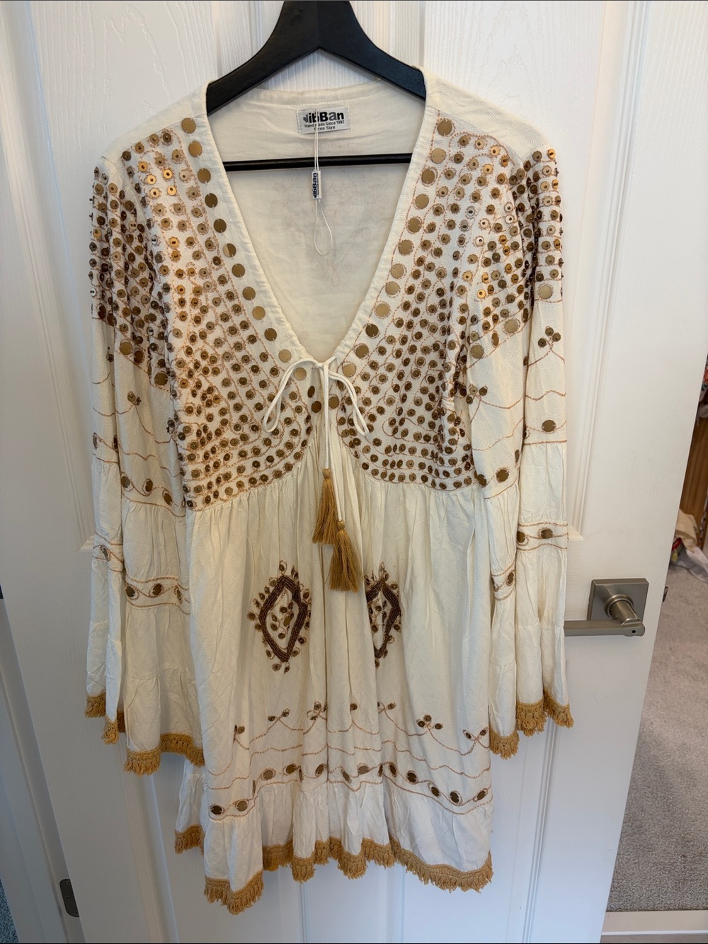 White Embroidered Boho Tunic Dress with Gold Accents